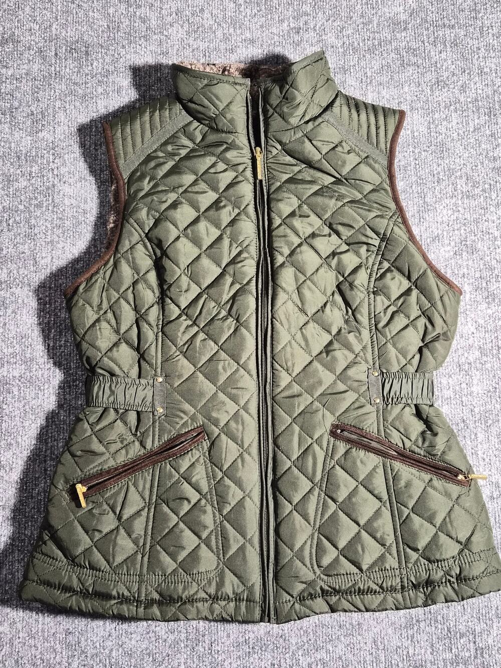 Weatherproof Women’s Quilted Vest Size S/CH Olive Green Faux Fur Lined Zip Up